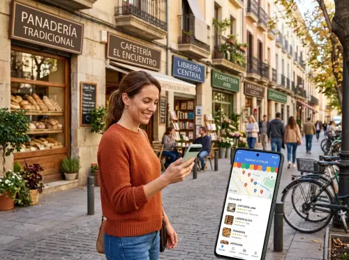 Persona consultando el portal local de comercios y servicios en Barcelona